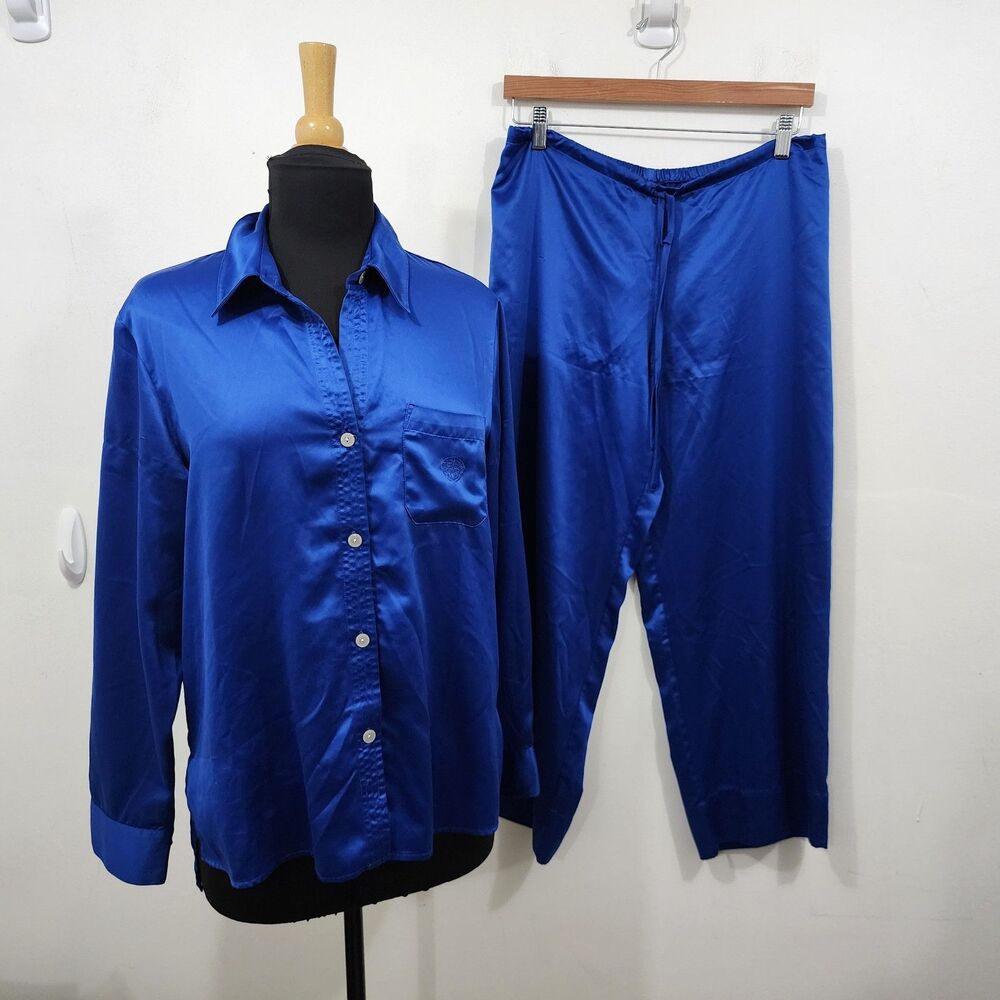 Natori Luxe Satin Essentials Embroidered Pajama Set Cobalt Blue Top Pant Size M